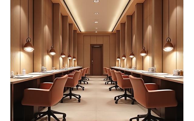 Postes de manucure modernes et confortables vus de l'intérieur du salon