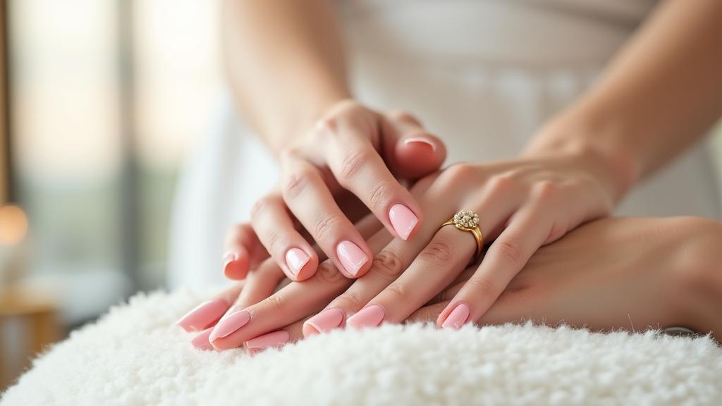 Mains élégantes recevant une manucure dans un salon de luxe, ambiance lumineuse et relaxante.