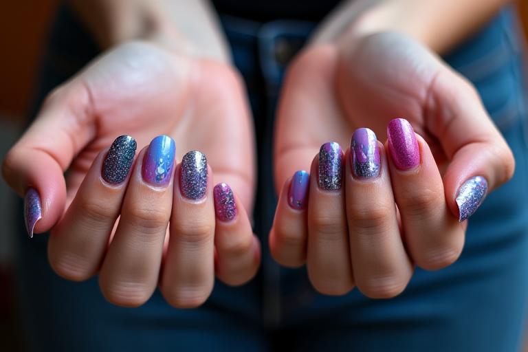 Mains avec des ongles artistiquement décorés, exemples de nail art moderne et chic.